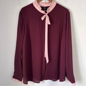 Worthington Red and Pink Long Sleeve Blouse with Tie Front 3X
